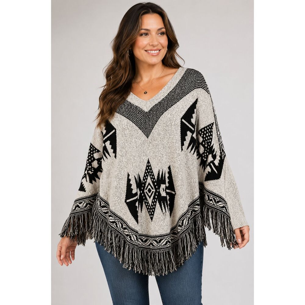 Hot And Delicious Women Cream Black OS Poncho Aztec Sweater‎ Southwestern Fringe